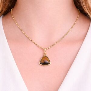 Natural Tiger Eye Pendant Necklace • Textured Column Link Chain 18k Gold Plated